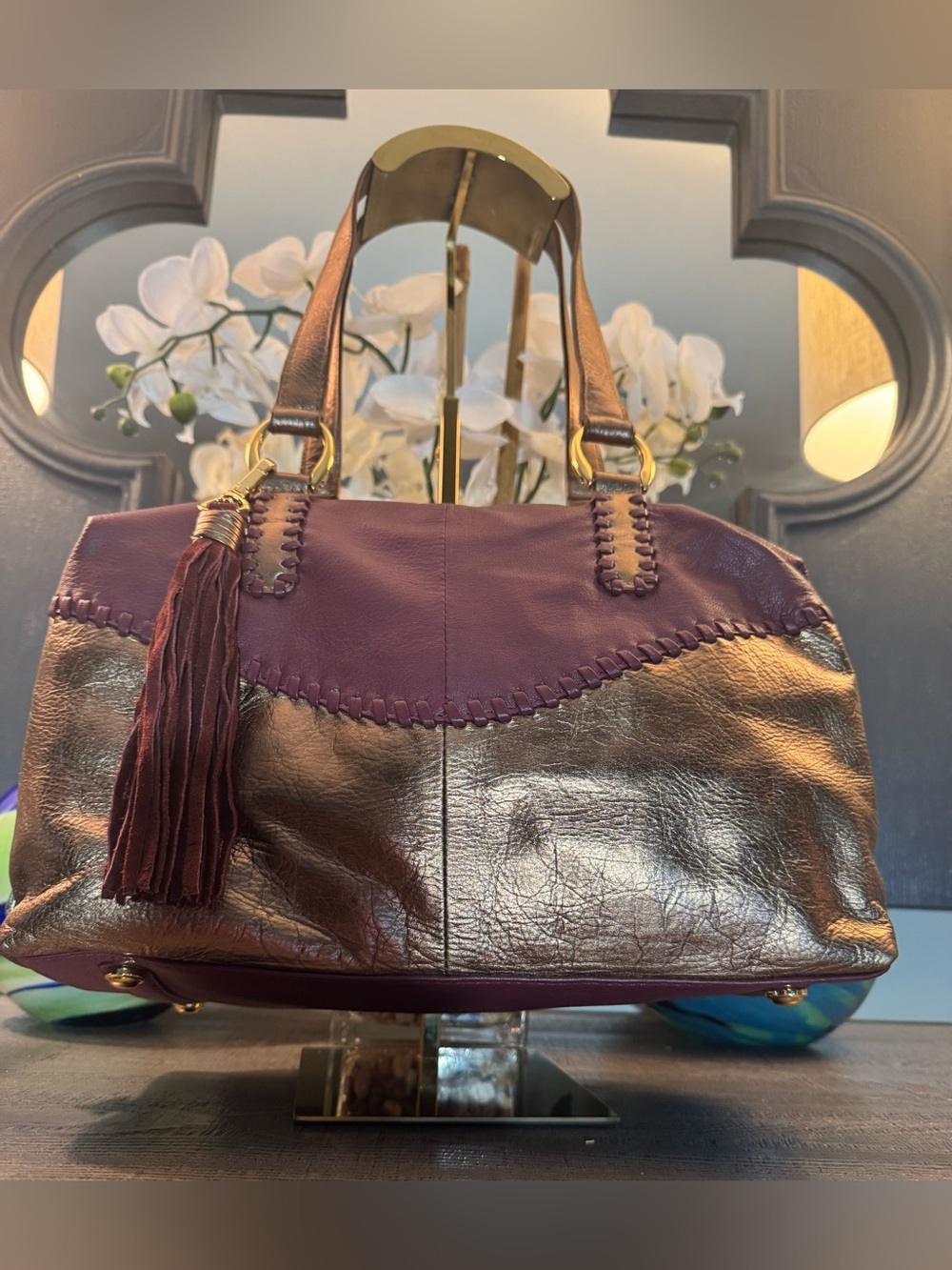 Sharif  Leather Tote Bag in Burgundy and Metallic Bronze in Excellent Condition
